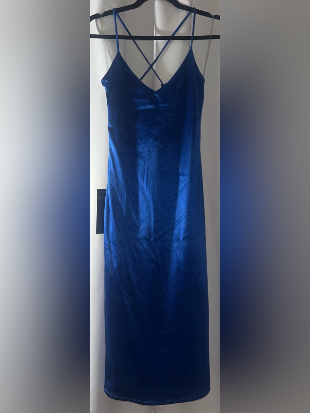 bebe Royal Blue Satin Slip Dress with Crisscross Straps